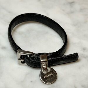Vintage Prada Black Leather Bracelet with Silver Round Logo Hardware
